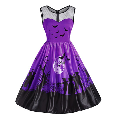 

Mesh Yoke Halloween Moon Bat Print Dress