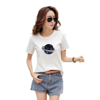 

Women Fashion Planet Print T-shirts Summer O-neck Short Sleeve Tees Tops