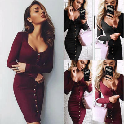 

Sexy Women Midi Dress Bodycon Long Sleeve Tank Stretch Knit Sheath Pencil Dress