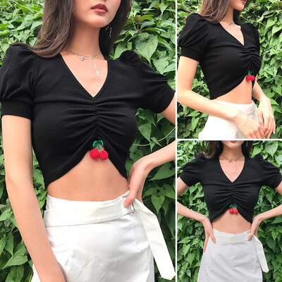 

Nomeni Womens V-Neck Short Sleeve Tank Tops Cherry Puff Sleeve Top Navel T-Shirt