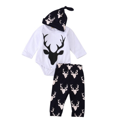 

Cute 3pcs Newborn Baby Boys Black White Deer Print Simple Set RomperCamouflage PantsHat Outfits Set