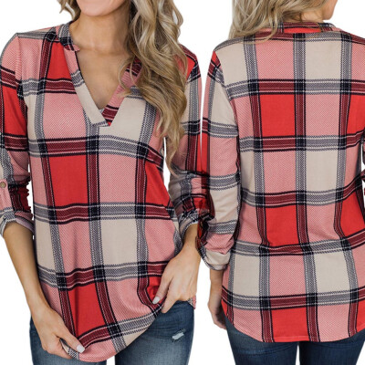 

Nomeni Womens Casual Plaid Printed V-Neck Shirt Irregular Hem Long Sleeve Top Blouse