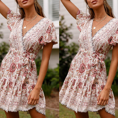 

Women Wrap Summer Boho Floral Paisley Mini Print Dress Ladies Holiday Beach