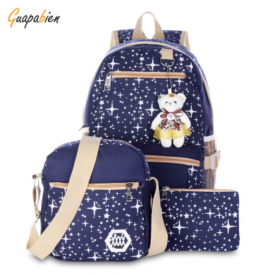 

Guapabien 3pcs Canvas Printing Women Shoulder School Bag Cute Bear Backpack Wristlet