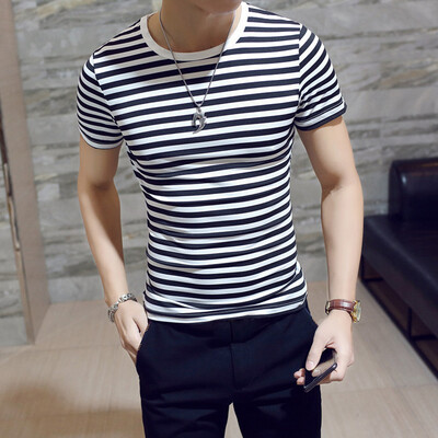 

2018 Mens Summer Casual Short Sleeve T-shirt Slim Fit Crew Neck Striped Tops U1