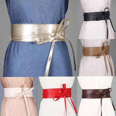 

Women Soft PU Leather Self Tie Bow Wrap Around Waist Band Cinch Boho Obi Belt