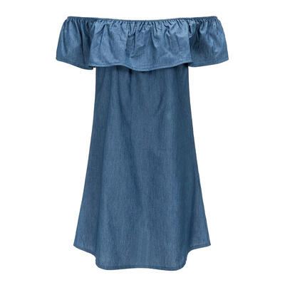 

Women Summer Denim Dress Sexy off Shoulder Ruffled Casual Mini A-line Dress