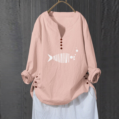 

Roseonmyhand Plus Size Women Long Sleeve V-Neck Printed Cotton And Linen Tops Casual Blouse