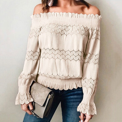 

Women Lace Off Shoulder T-shirts Loose Casual Solid Color Hollow Out Blouse Long Sleeves Lace Patchwork Tops Ladies Shirts