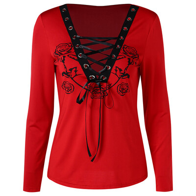 

Lace Up Front Long Sleeve Rose T-shirt