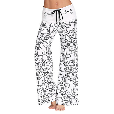 

Trendy Mid Waist Cat Print Wide-leg Drawstring Women Long Pants