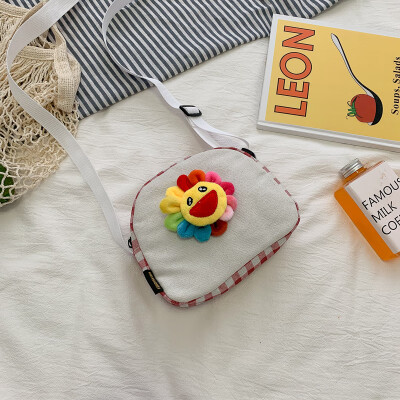 

Cartoon cute colorful sun flower canvas bag 2019 new wild plaid shoulder bag fashion Messenger small square bag