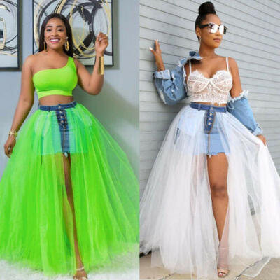 

WomenTulle Mesh Skirt High Waist Layers Pleated Skirt Party Long Dress sexy