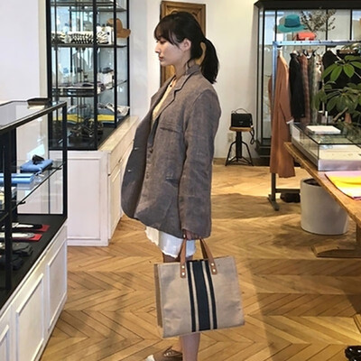 

Striped canvas handbag 2019 new shoulder bag Korean version of the tide multi-function large capacity commuter package