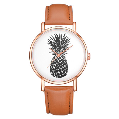 

Fashion Womens Watches Black Pineapple Pattern Rose Gold Frame Disc Ladies Quartz Wristwatch Leather Strap Clock Kol Saati