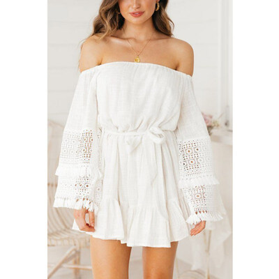 

Women Spring One Word Collar Strapless Long Sleeve Solid Color Loose Mid-Length Casual Dress