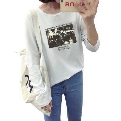 

Women Autumn Elegant New Style Fashion Design Long Sleeve Printing Cartoon T-shirt Round Neck Wild Bottoming Shirt White