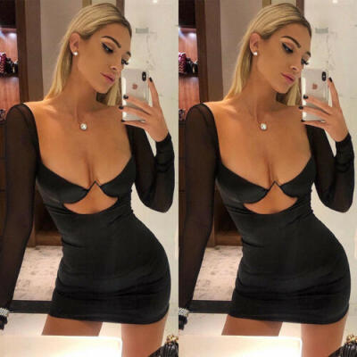 

Sexy Women Deep V Neck Bodycon Party Mini Dress Long Sleeve Short Dress Clubwear