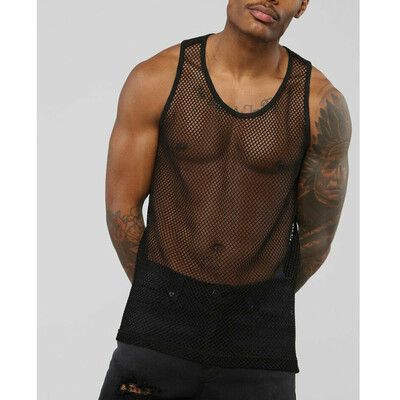 

Mens Sexy Mesh See-Through Shirts Sleeveless Nightclub Sheer Top Vest Costume