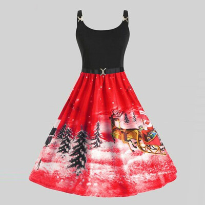 

Tailored Womens Fashion Straps Vintage Santa Claus Snowflake Print Christmas Dress