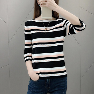 

Womens Sweater Autumn Stripe Slim Seven Sleeve Pullover Female O-Neck Winter Bottoming Knitwear Korean Knitted Sweaters