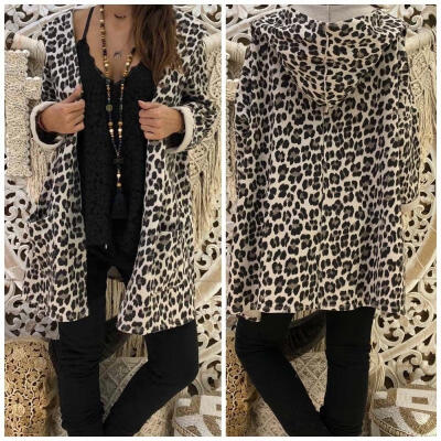 

Fashion Womens Lady Leopard Printed Hooded Long Coat Cardigan Loose Casual Outwear Kimono Jacket Hoodies