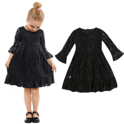 

Baby Kid Girl Solid Round Neck 34 Sleeve Lace Dress Pageant Princess Party Dress