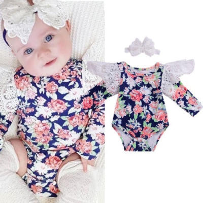 

2pcs Newborn Baby Girl Long Sleeve Floral Jumpsuit Lace Headband 0-24M