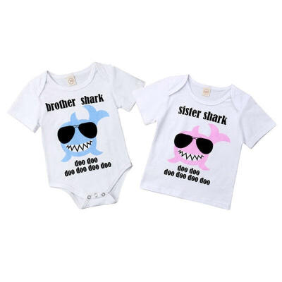 

Newborn Kids Baby Little Brother Big Sister Family Matching Cute Cartoon Shark Romper T-shirt Outfits Set