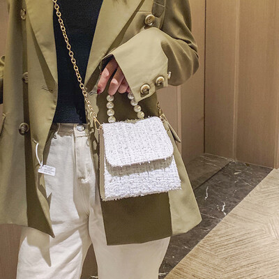 

Foreign style woolen bag female 2019 new Korean fashion wild pearls portable chain shoulder slung small square bag
