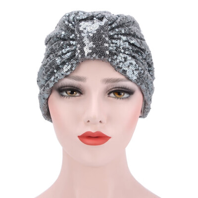 

6 Colors Muslim Women Sequin Shiny Head Scarf Cotton Pleated Turban Hat Cancer Chemo Head Wrap