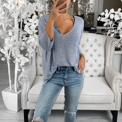 

Womens Tops Sexy Casual V-Neck Hollow Long Sleeve Knitting Pullover Sweater