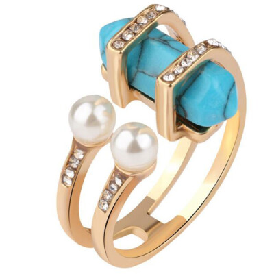 

Geometric Double Layer Natural Green Stone Imitation Pearls Ring Gold Color Popular Modern Jewelry