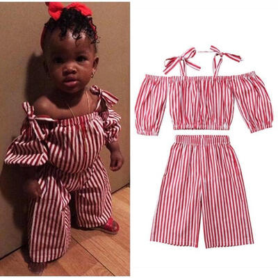 

Toddler Kids Baby Girl Red Plaid Off shoulder Strap Crop Tops Wide Leg Pant 2PCS Set Striped Clothes