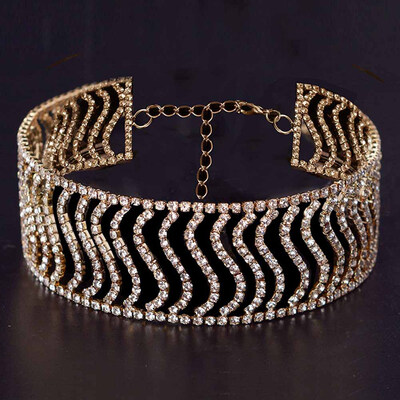 

2019 New Arrival Fashion Vintage Choker Necklace Sexy Full Rhinestone Hollow -type Wave Necklace Collar Chain
