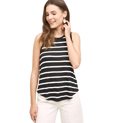 

New Fashion Women Striped Tank Top O-Neck Sleeveless Asymmetric Hem Casual Vest Black