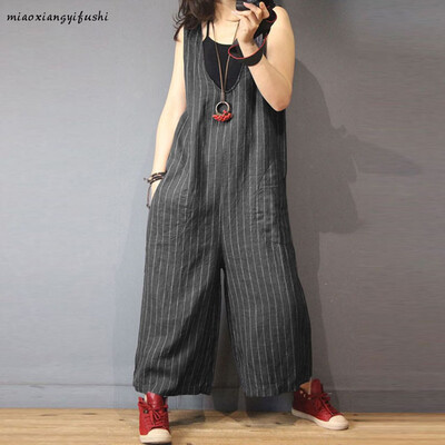 

Starmoon Fashion Woman Summer Striped Print Casual Cotton And Iinen Long Jumpsuit