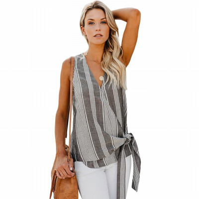 

Striped vest T-shirt womens V-neck sleeveless knotted smock