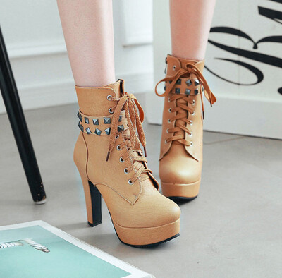 

Rose Womens Round Toe Lace Up Ankle Buckle Chunky High Heel Platform Knight Boots