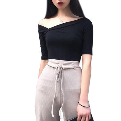 

Women Irregular One Shoulder T-Shirt Sexy V-Neck Short Sleeve Slim Tops
