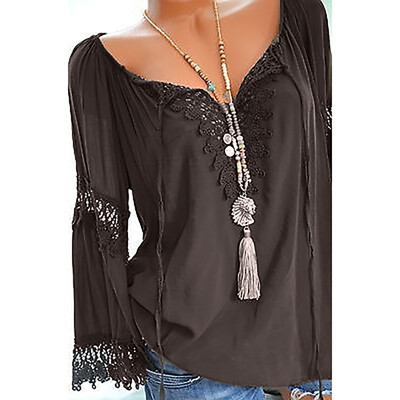 

Nomeni Womens Plus Size Off Shoulder Lace Pure Color Long Sleeves Blouse Loose Tops