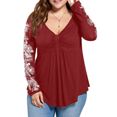 

Plus Size Floral Pattern Long Sleeve Draped T-shirt