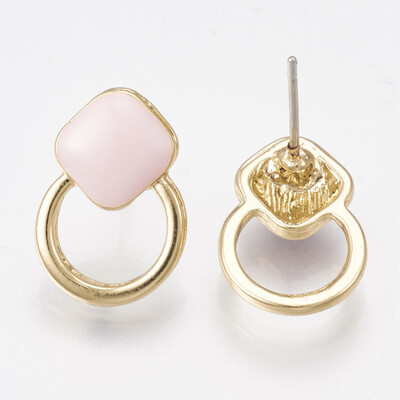 

Alloy Stud Earrings with Enamel Rhombus with Ring Light Gold Pink 155x11mm Pin 07mm