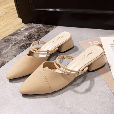 

Korean version of thick-heeled Baotou slippers womens spring&summer 2019 new fashion wear with mueller shoes wear Joker sanda