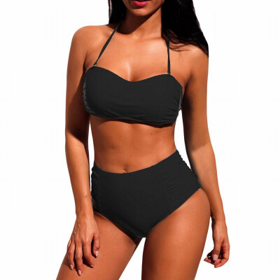 

Solid color tube top hanging neck with pleated high waist belt chest pad split swimsuit