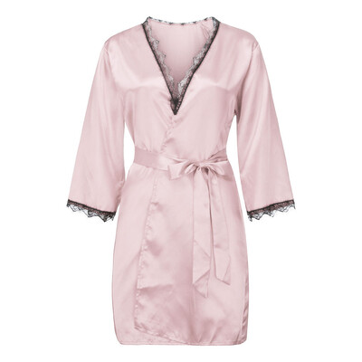 

Toponeto New Women Sexy Satin Fashion Lace Patchwork Pajamas Sleepwear Robe Long Sleeve