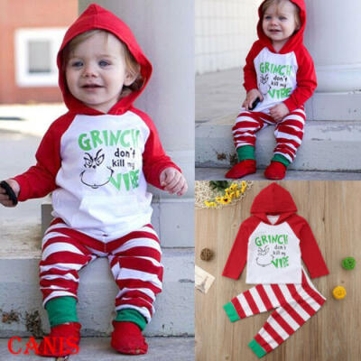 

Baby Toddler Boy Girl Xmas Hooded Tops Stripe Pants Leggings Outfits Clothes US