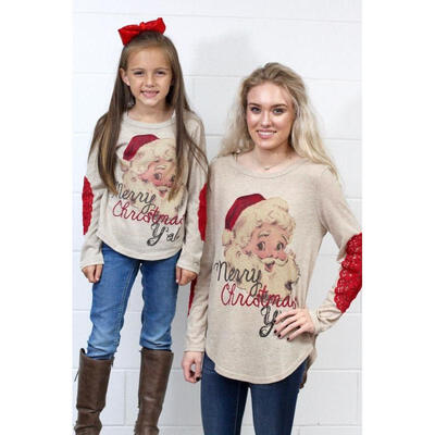 

Xmas Family Clothing Matching Mother And Daughter Clothes Lace Elbows Blouse New