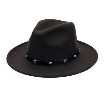 

Vintage Women Men Woolen Western Cowboy Hat With Wide Brim Leather Belt Cowgirl Jazz Cap