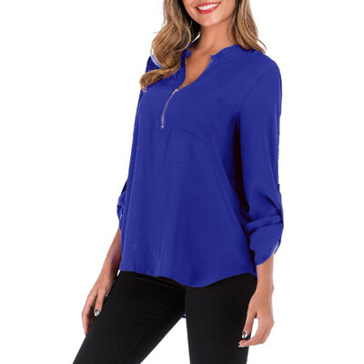 

Womens Short Sleeve V Neck Zip Up Pocket Tops Casual Blouse Loose Tunic T Shirt